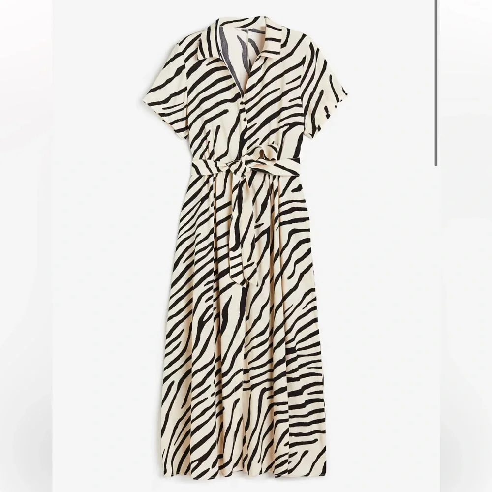 H&M TIE-BELT SHIRT DRESS Cream & Zebra L - Picture 1 of 6